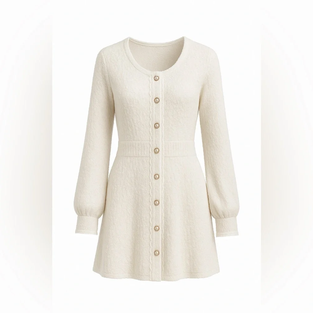 POL White Textured Boucle Sweater Mini Dress L Pearl Lace Trim Cozy Fall Winter